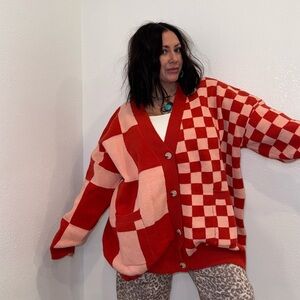 Red and Pink Checkered Women's Sweater